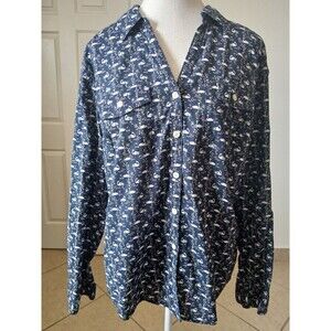 Croft‎ and Barrow Women's L Navy Swans Print Shirt Top Roll Tab Sleeve Button Up